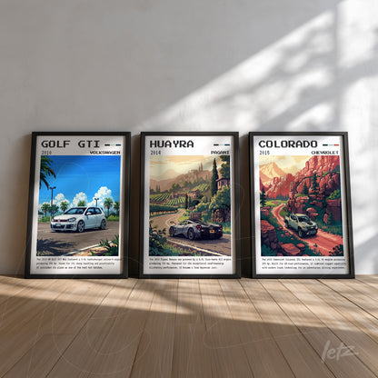 série de quadros com ilustrações de carros em molduras pretas, incluindo Golf GTI de 2010 em cenário praiano, Huayra de 2014 no meio de vinhedos e Colorado de 2015 com paisagem montanhosa