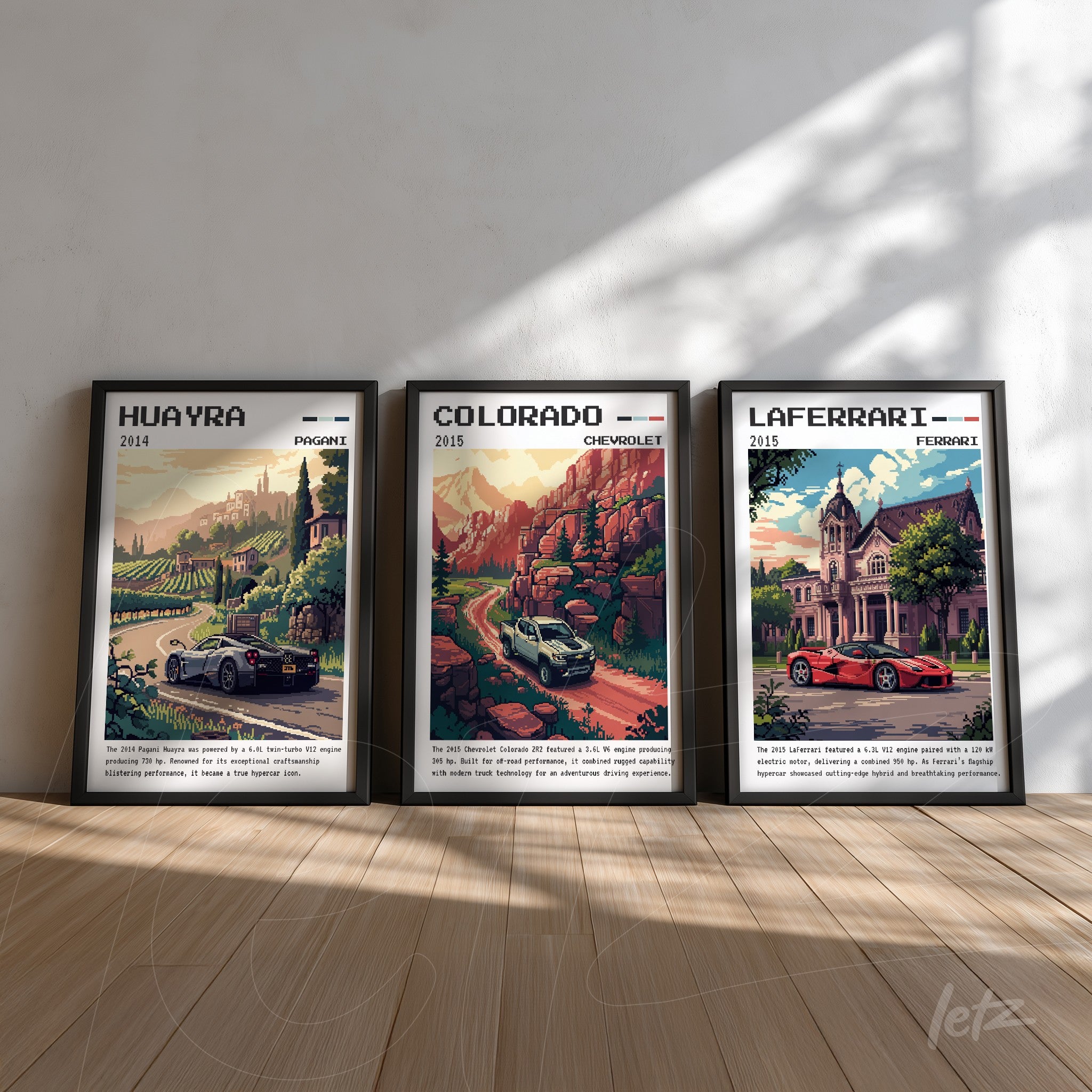 composição de três quadros com ilustrações de carros clássicos em moldura preta, destacando paisagens de vinhedos e montanhas