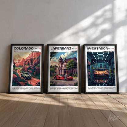 composição de quadros com ilustrações de carros clássicos, incluindo o Chevrolet Colorado, Ferrari LaFerrari e Lamborghini Aventador em moldura preta, sobre fundo de piso de madeira clara