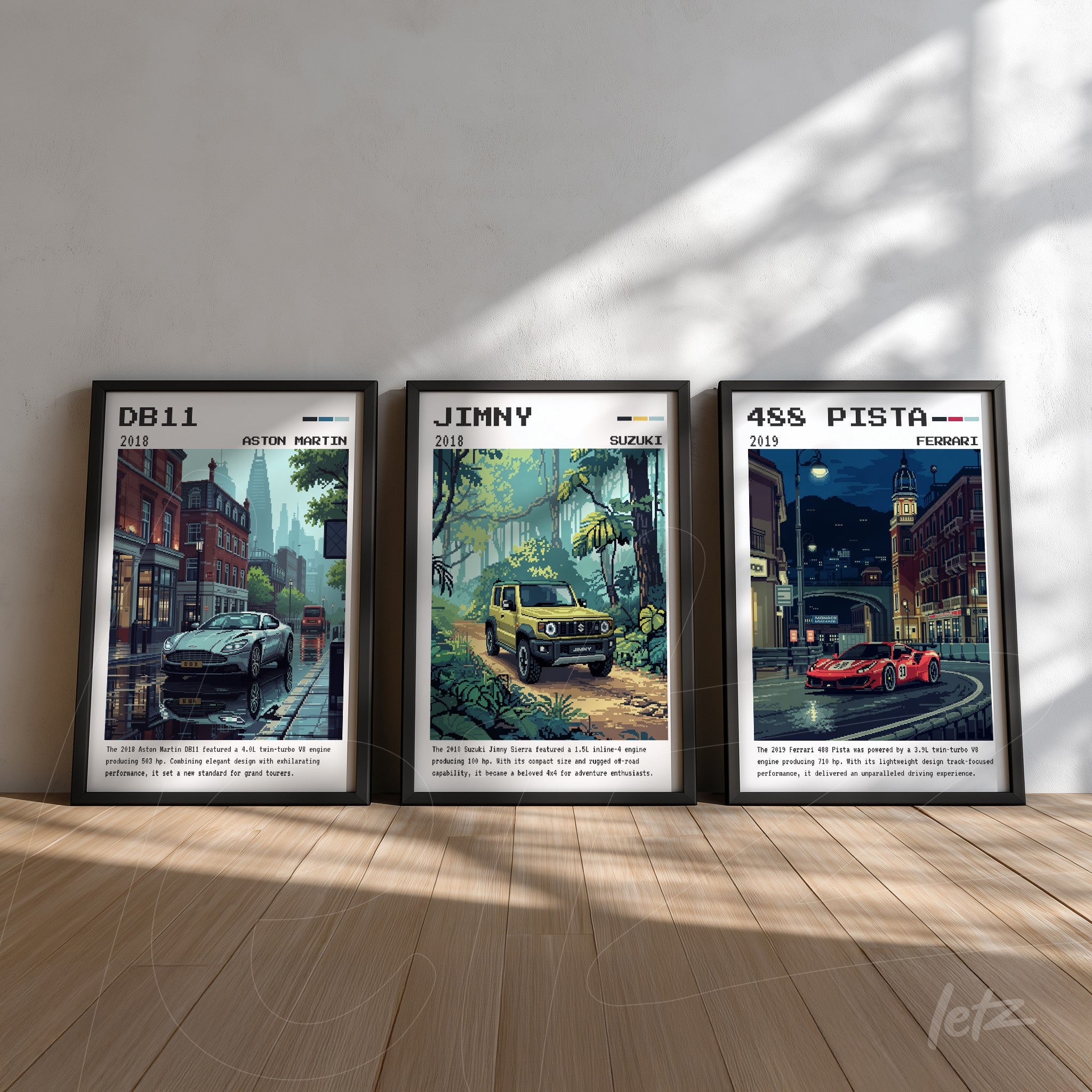 composição com três quadros decorativos em moldura escura, retratando carros: Aston Martin DB11 em cenário urbano, Suzuki Jimny em floresta e Ferrari 488 Pista em ambiente de cidade