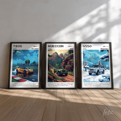 composição de quadros com arte de carros, destacando o McLaren 720S, Jeep Rubicon e Mercedes G550, todos em molduras pretas sobre fundo claro