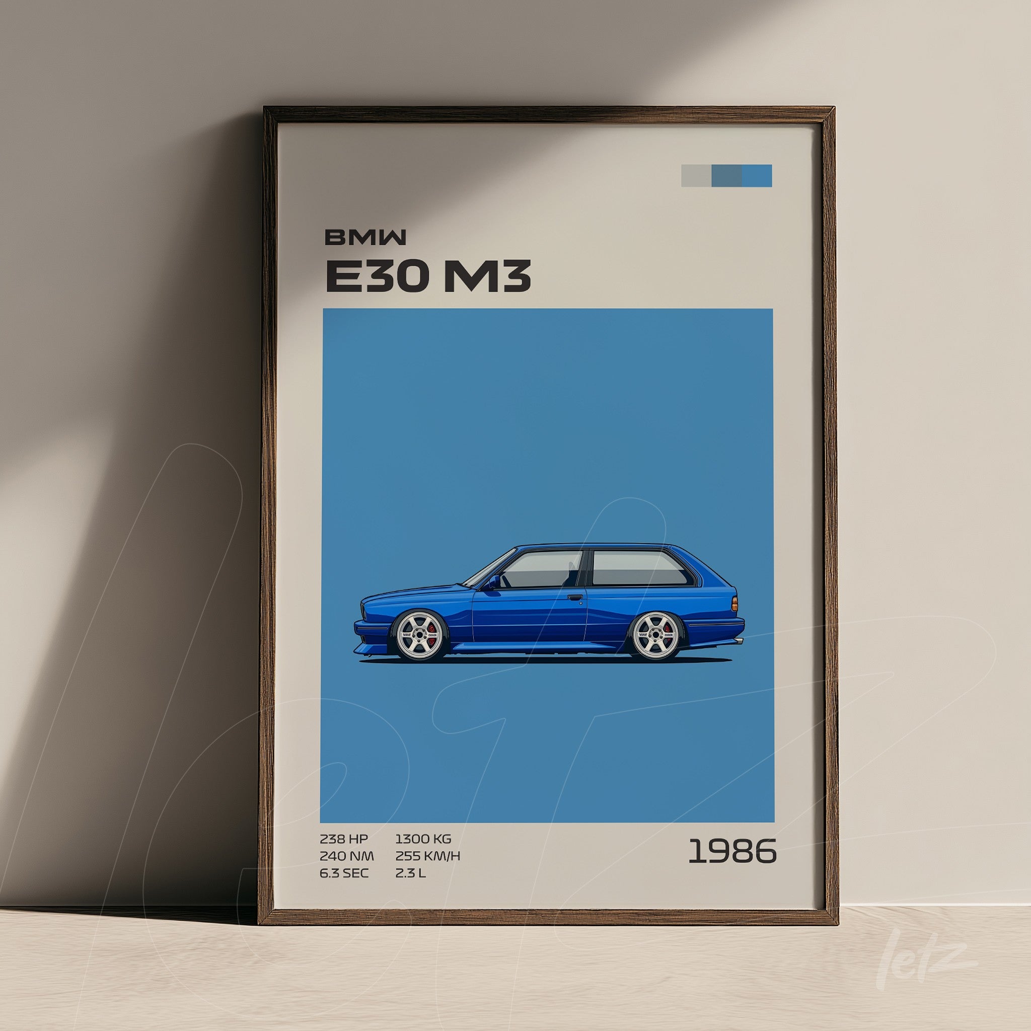 quadro com ilustração minimalista do carro BMW E30 M3 em fundo azul claro, moldura de madeira escura