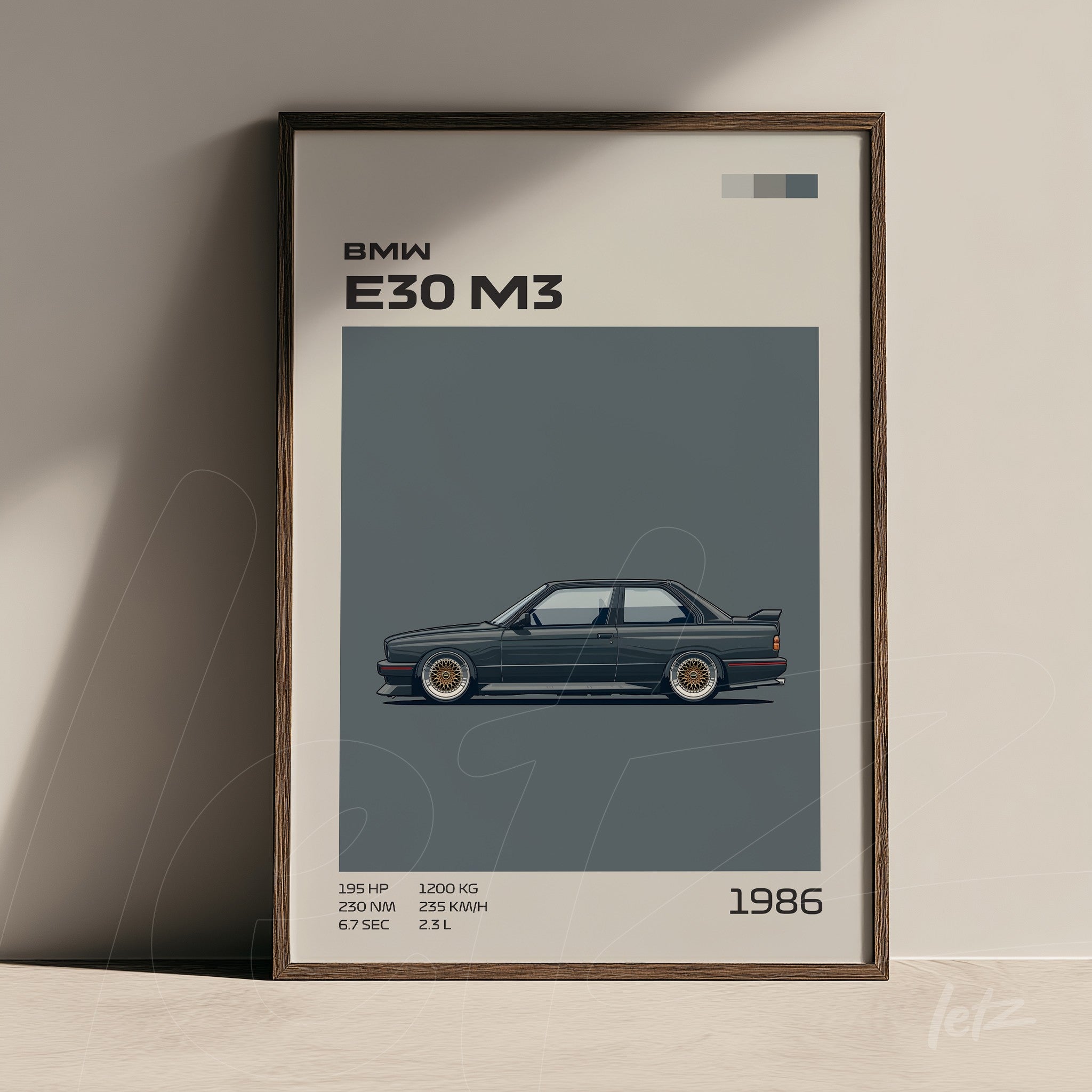 quadro decorativo retratando um BMW E30 M3 em fundo cinza, com moldura madeira escura