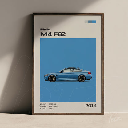 quadro com arte estilizada do carro BMW M4 F82 em moldura marrom, sobre fundo azul claro