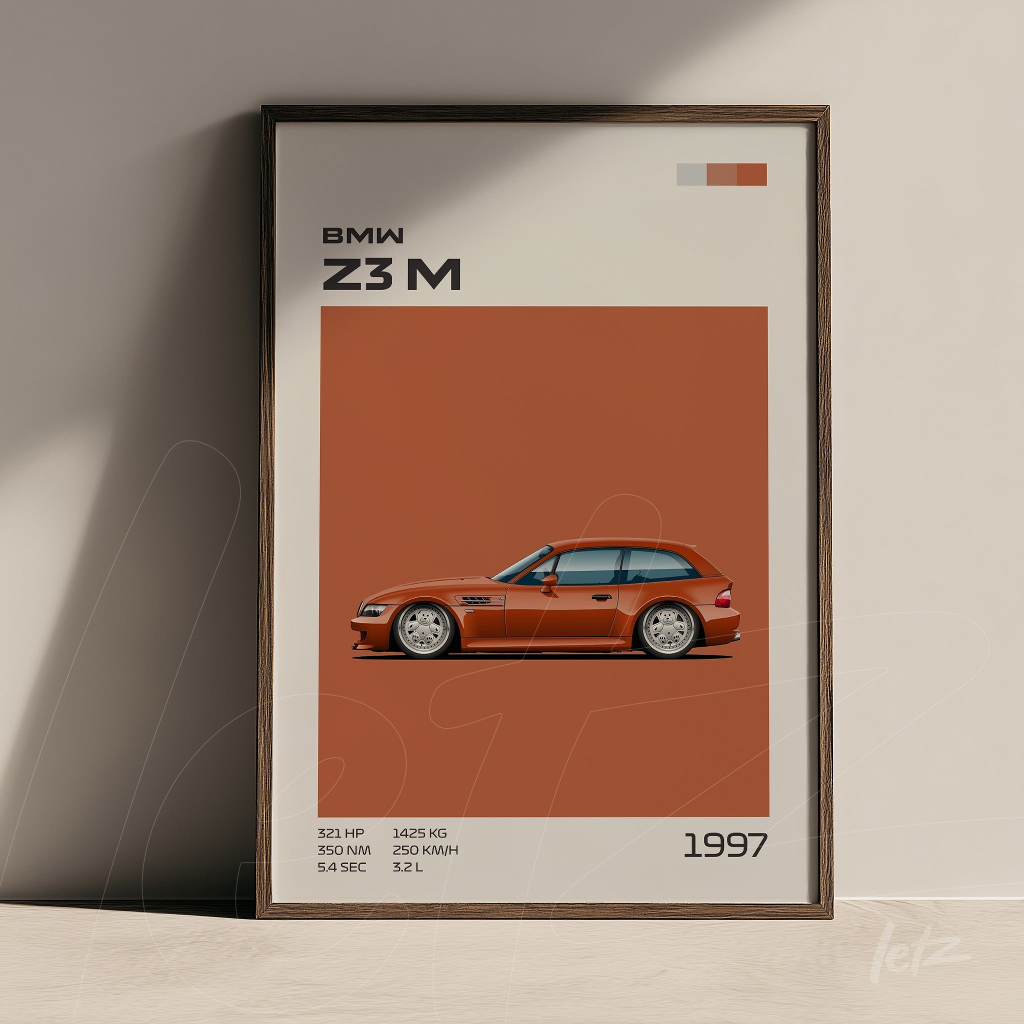 quadro com ilustração digital do carro BMW Z3 M em fundo laranja, com detalhes e especificações visíveis
