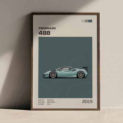 quadro com ilustração do carro Ferrari 488 em moldura marrom escura, fundo azul acinzentado