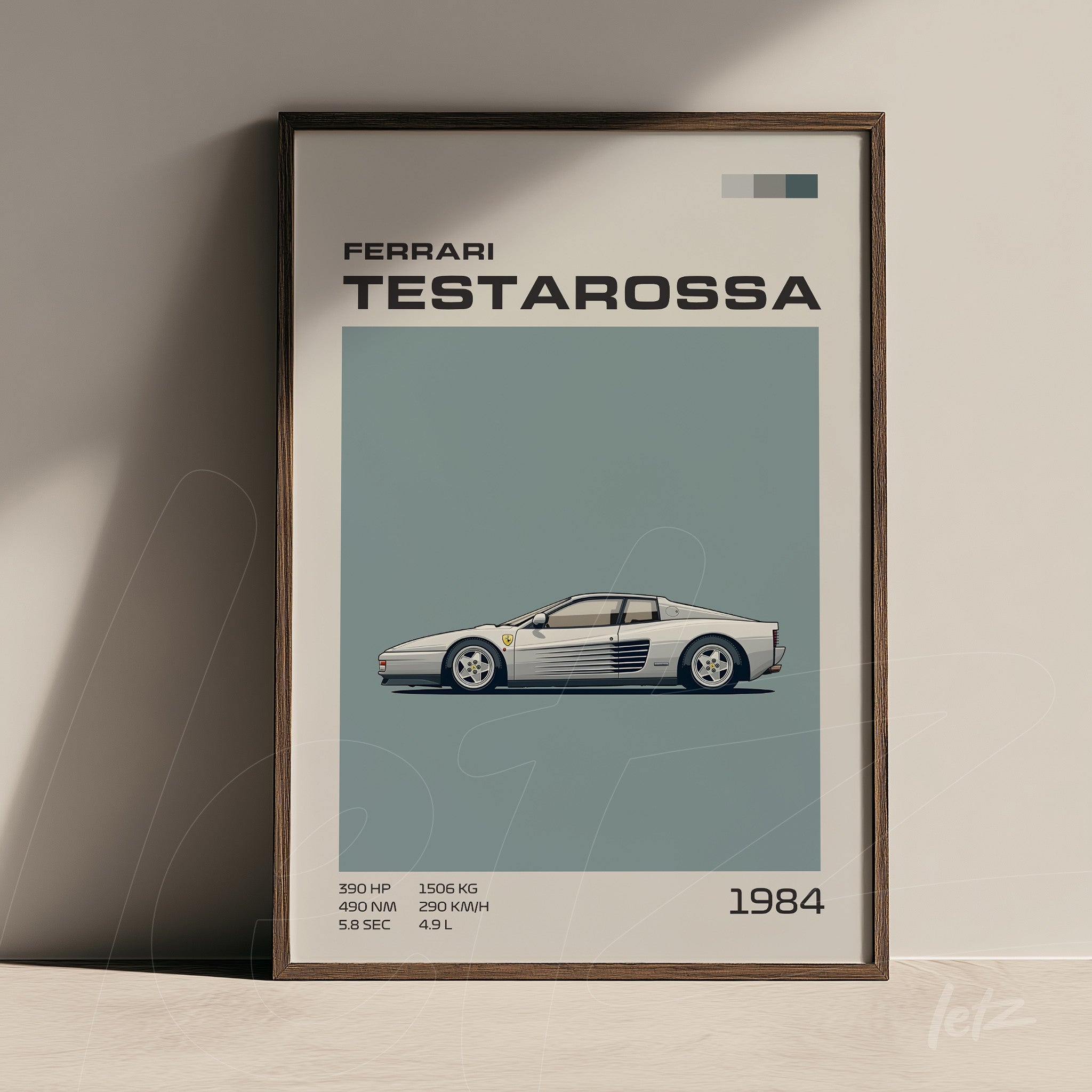 quadro com ilustração minimalista da Ferrari Testarossa em moldura de madeira escura