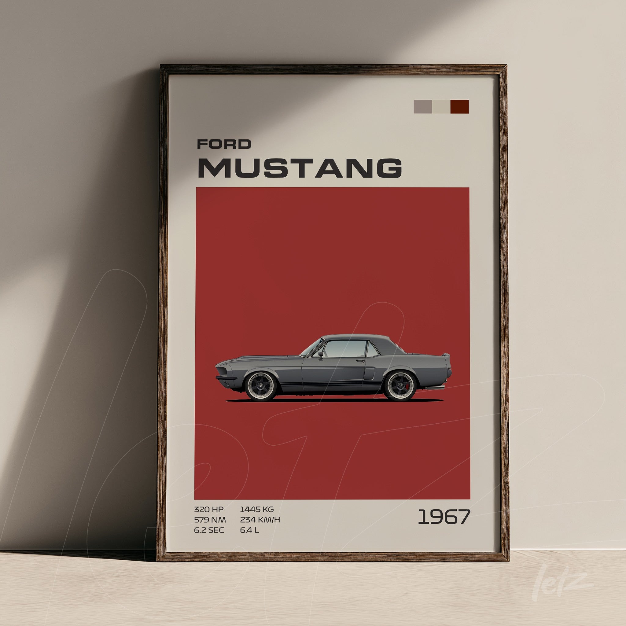 quadro com ilustração do carro Ford Mustang 1967 em fundo vermelho e moldura de madeira escura