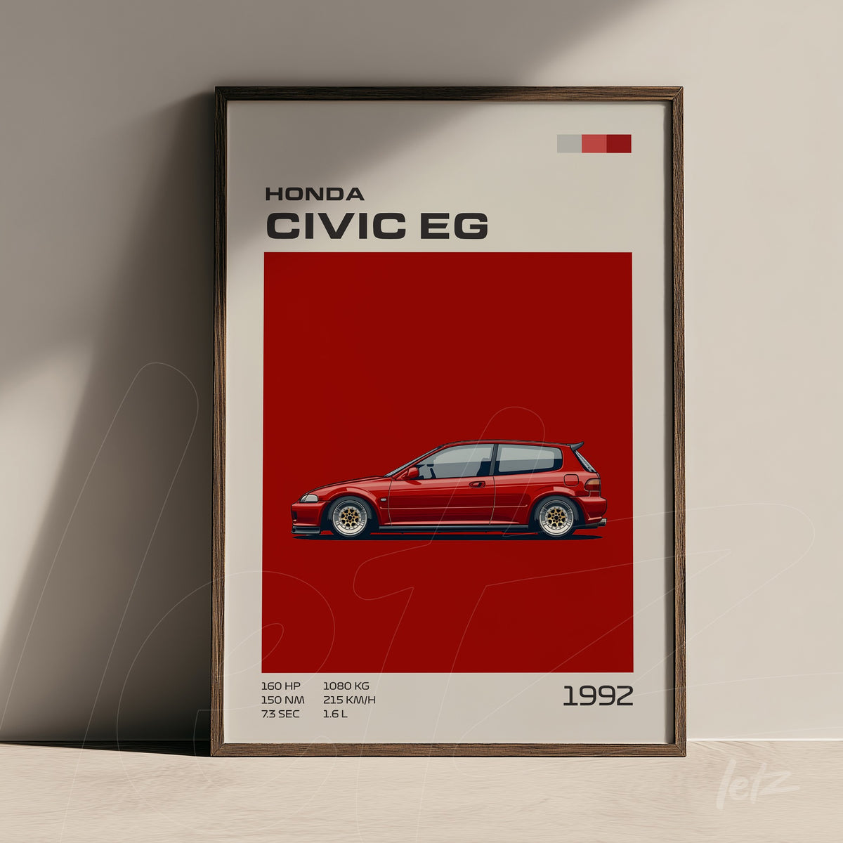 quadro com ilustração gráfica do carro Honda Civic EG em fundo vermelho com moldura de madeira