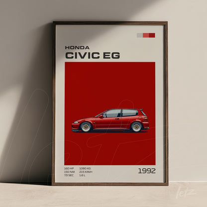 quadro com ilustração gráfica do carro Honda Civic EG em fundo vermelho com moldura de madeira