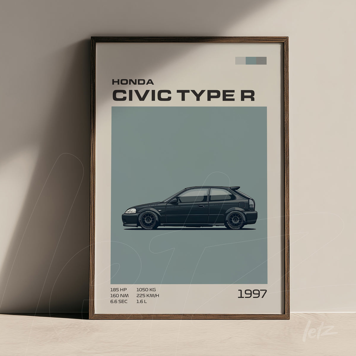 quadro com arte digital do Honda Civic Type R em moldura de madeira clara, fundo azul suave