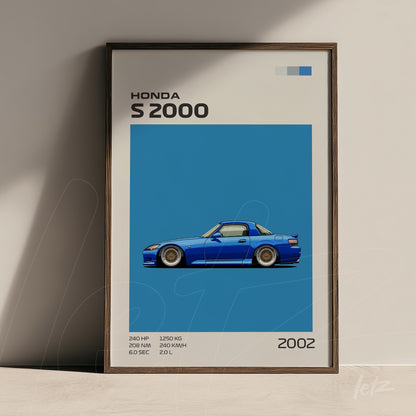 quadro com arte estilizada do carro Honda S2000 em fundo azul vibrante e moldura de madeira escura