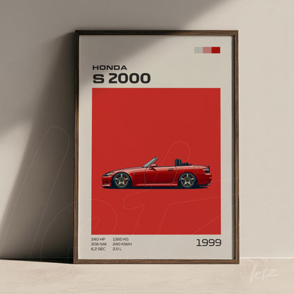 quadro com arte minimalista do carro esportivo Honda S2000 em fundo vermelho vibrante e moldura de madeira escura