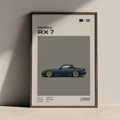 quadro com ilustração do carro Mazda RX 7 de 1992 em moldura escura com fundo cinza