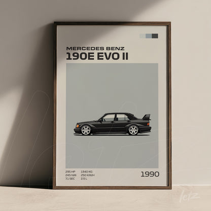 quadro emoldurado com arte minimalista do Mercedes Benz 190E EVO II, fundo cinza claro e detalhes em preto