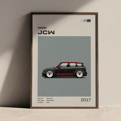 quadro com arte digital de um carro Mini JCW 2017 em moldura escura