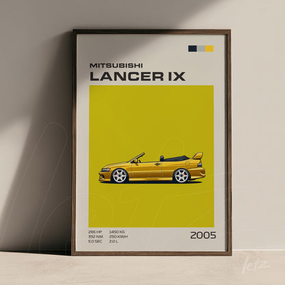 quadro com ilustração estilizada do Mitsubishi Lancer IX em fundo amarelo vibrante e moldura marrom