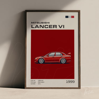 quadro decorativo com ilustração minimalista do Mitsubishi Lancer VI em fundo vermelho, moldura de madeira escura