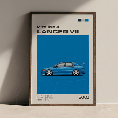 quadro com arte digital do carro Mitsubishi Lancer VII em fundo azul com moldura de madeira escura