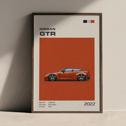 quadro com arte digital do carro esportivo Nissan GTR em fundo laranja, moldura de madeira escura