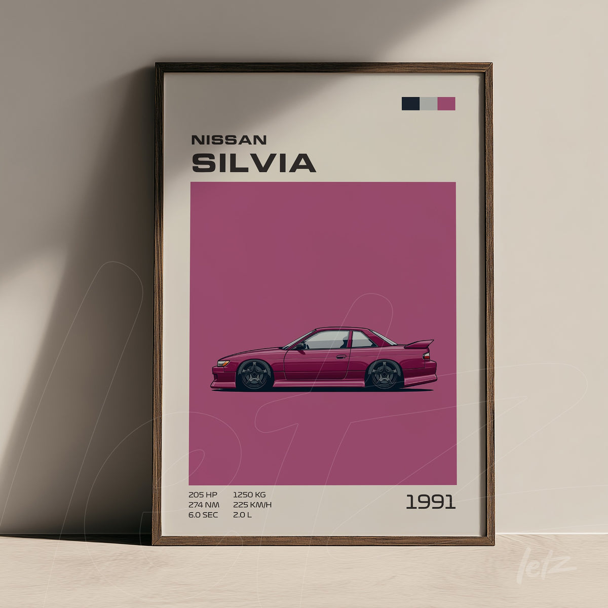 quadro com arte digital do carro Nissan Silvia de 1991 em moldura escura com fundo rosa