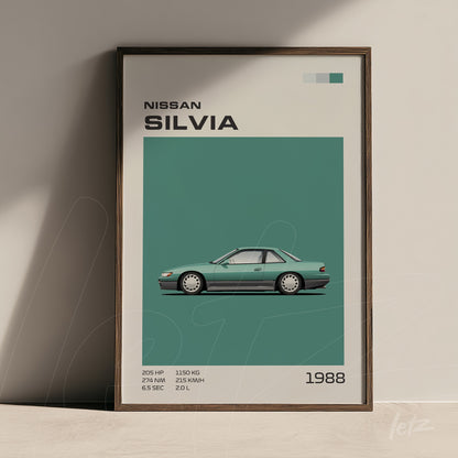quadro com ilustração minimalista do carro Nissan Silvia de 1988 em moldura de madeira escura