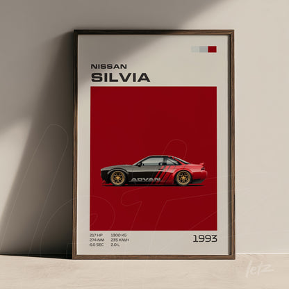 quadro decorativo com ilustração do carro Nissan Silvia de 1993 em moldura madeira escura sobre fundo vermelho