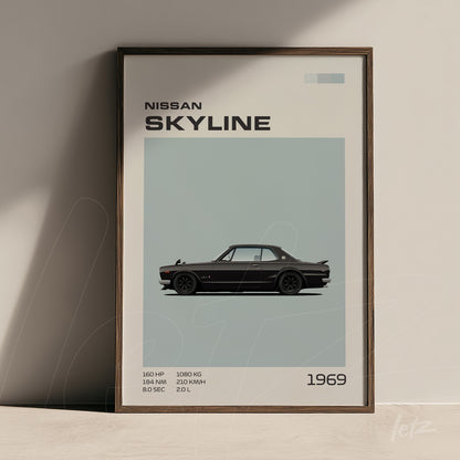 quadro com ilustração minimalista do carro Nissan Skyline 1969 em moldura escura