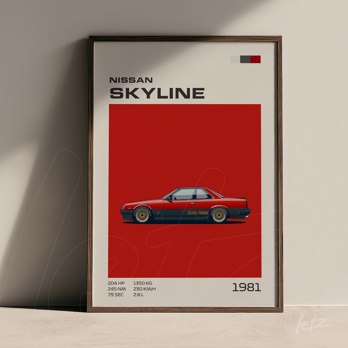 quadro com arte digital do carro Nissan Skyline de 1981 em moldura de madeira escura com fundo vermelho