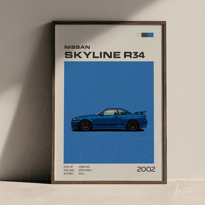 quadro com arte digital do carro Nissan Skyline R34 em moldura escura com fundo azul