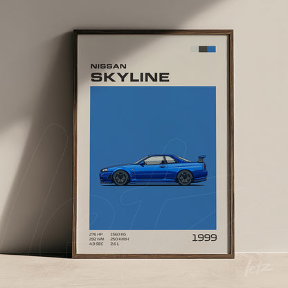 quadro com arte digital de um carro Nissan Skyline em fundo azul, com moldura escura e informações técnicas em destaque
