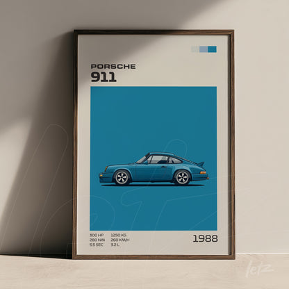 quadro com ilustração minimalista do carro Porsche 911 em fundo azul e moldura de madeira escura
