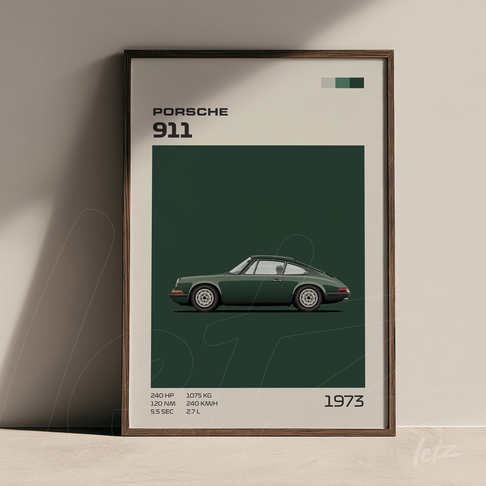 quadro com ilustração moderna de um Porsche 911 verde em fundo monocromático