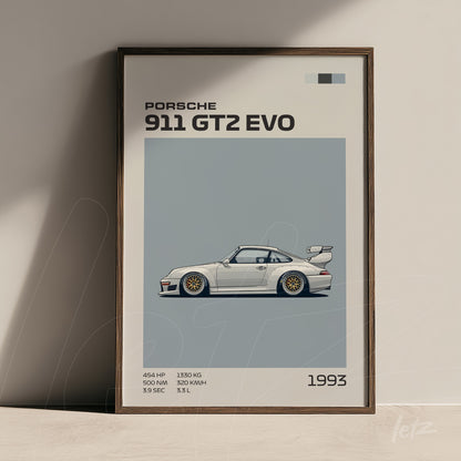 quadro com arte digital de um Porsche 911 GT2 EVO de 1993 em moldura escura, apresentando uma ilustração lateral com detalhes técnicos como potência e peso