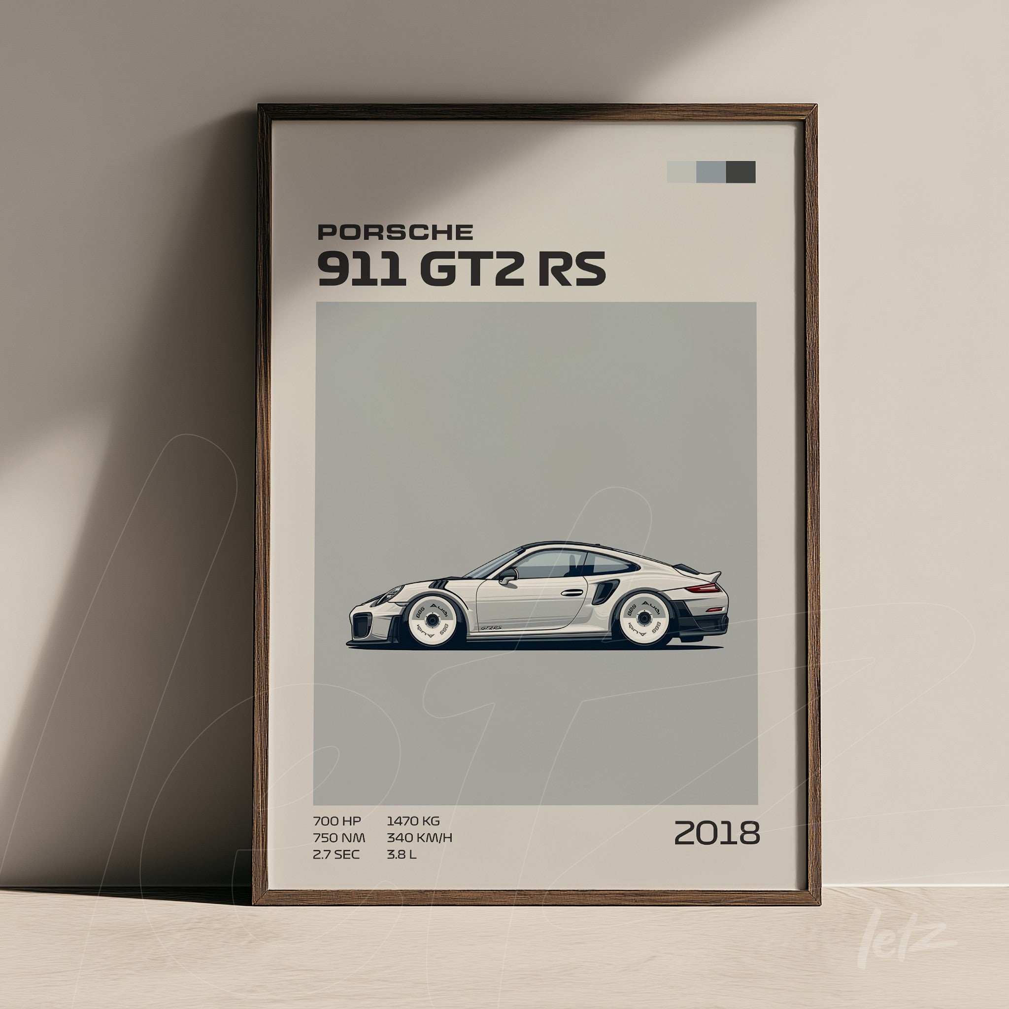 quadro com ilustração estilizada do carro Porsche 911 GT2 RS em moldura escura