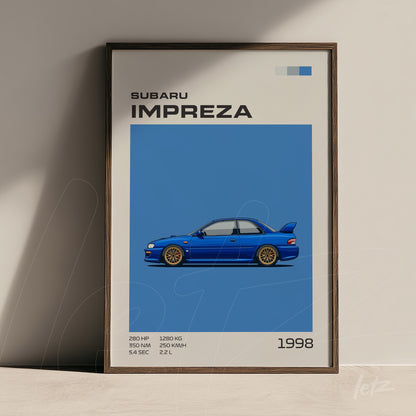 quadro com arte digital de um Subaru Impreza em fundo azul com moldura escura