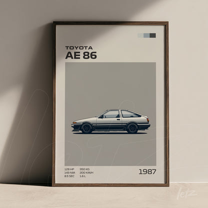 quadro com arte digital do carro Toyota AE 86 em moldura madeira escura