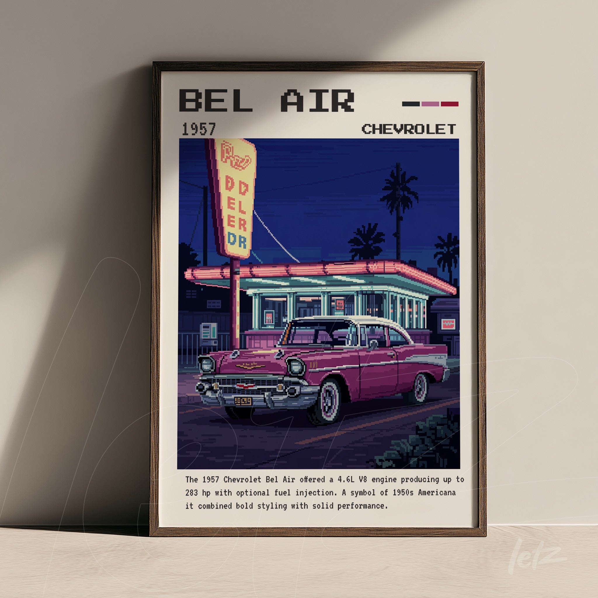 quadro com arte retrô do Chevrolet Bel Air 1957 em moldura marrom, exibido em ambiente com luz suave ao anoitecer