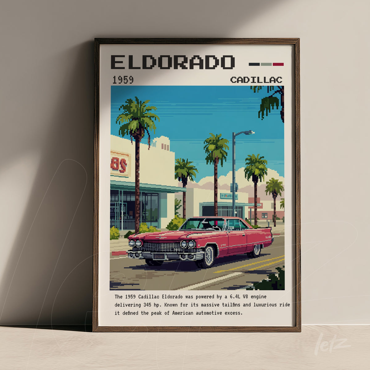quadro com arte digital retrô de um Cadillac Eldorado de 1959 em moldura escura sobre fundo claro