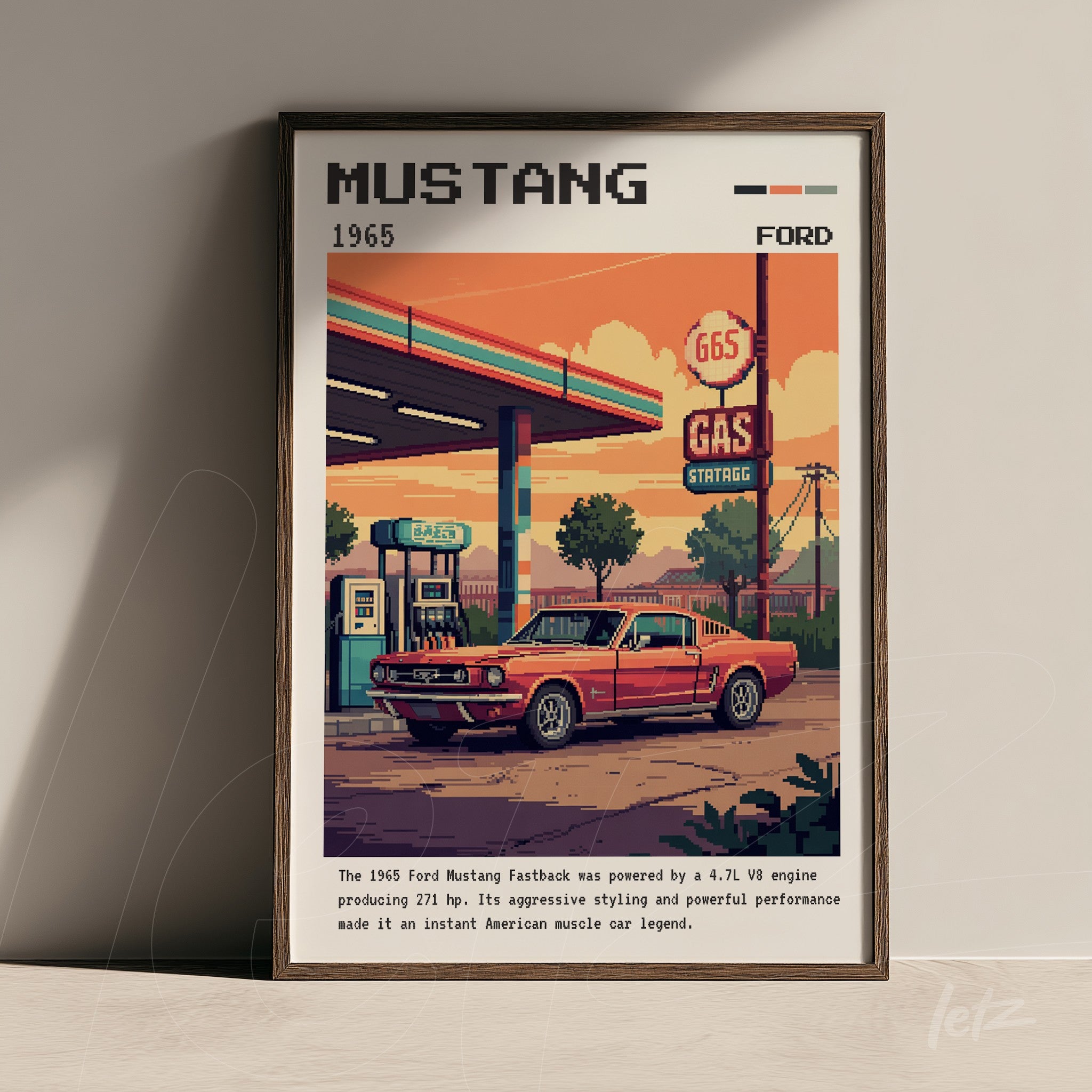 quadro com arte pixelada de um Ford Mustang 1965 em cenário de posto de gasolina, moldura marrom escura