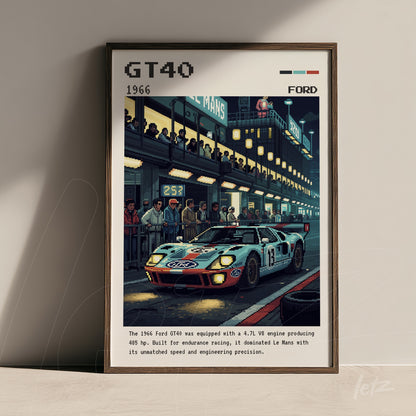 quadro com arte digital do carro Ford GT40 de 1966 em moldura escura com ambiente de corrida