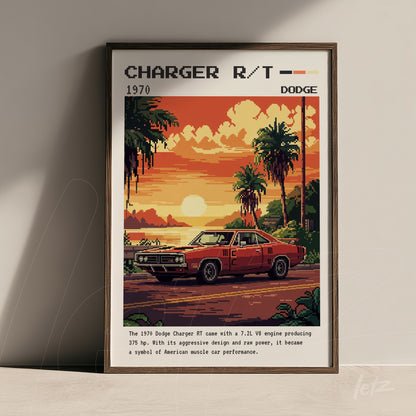 quadro com arte retrô do carro Dodge Charger R/T dos anos 70 em moldura escura