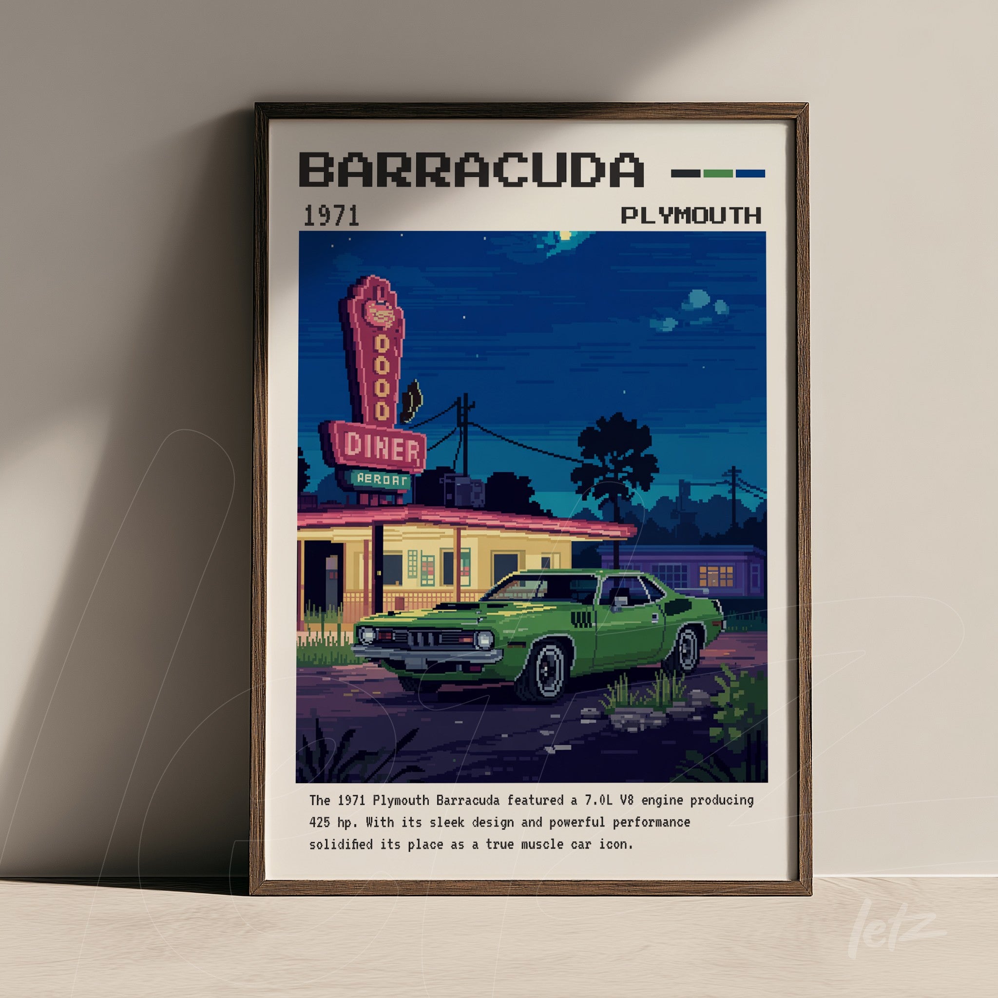 quadro com arte digital de um carro Plymouth Barracuda verde em frente a um diner, moldura marrom escura