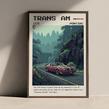 quadro com arte em pixel do carro Pontiac Trans Am em uma estrada sinuosa com montanhas ao fundo, moldura marrom