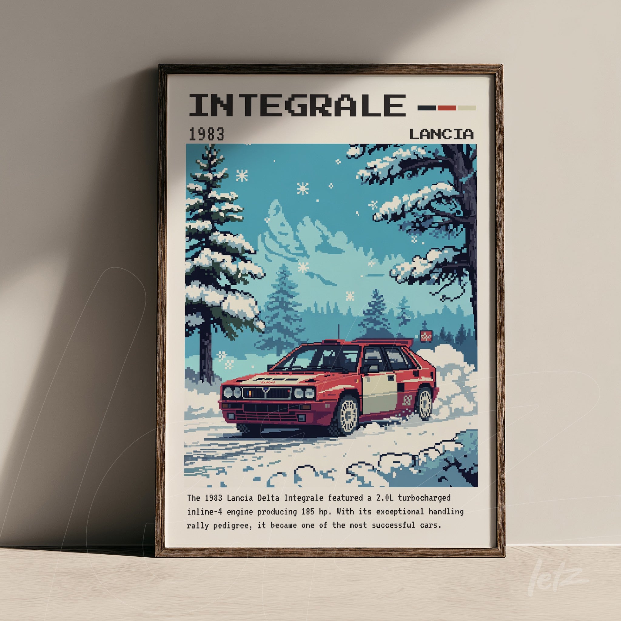 quadro com arte em pixel do carro Lancia Delta Integrale em um cenário de inverno com árvores cobertas de neve