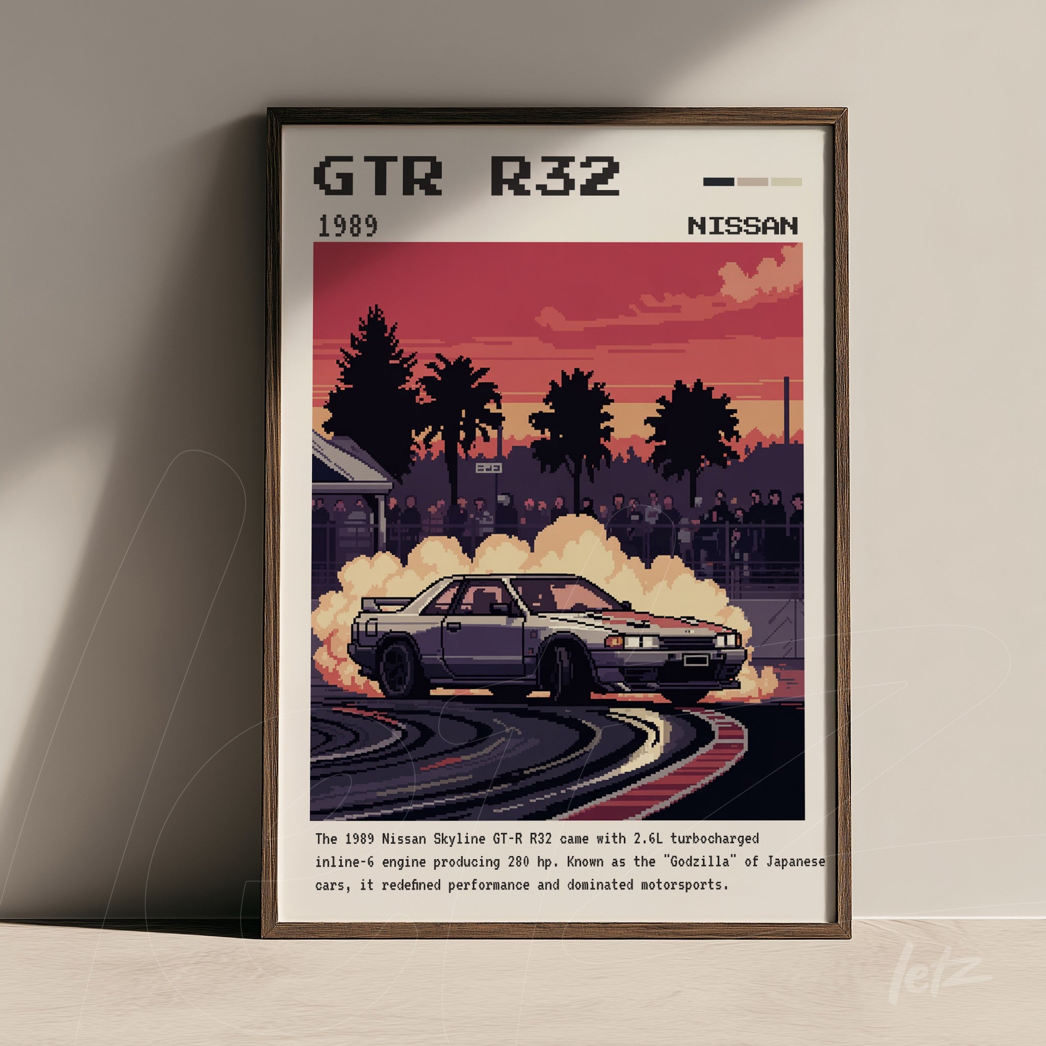 quadro com arte de estilo retrô do carro Nissan GT-R R32 em ação, moldura escura