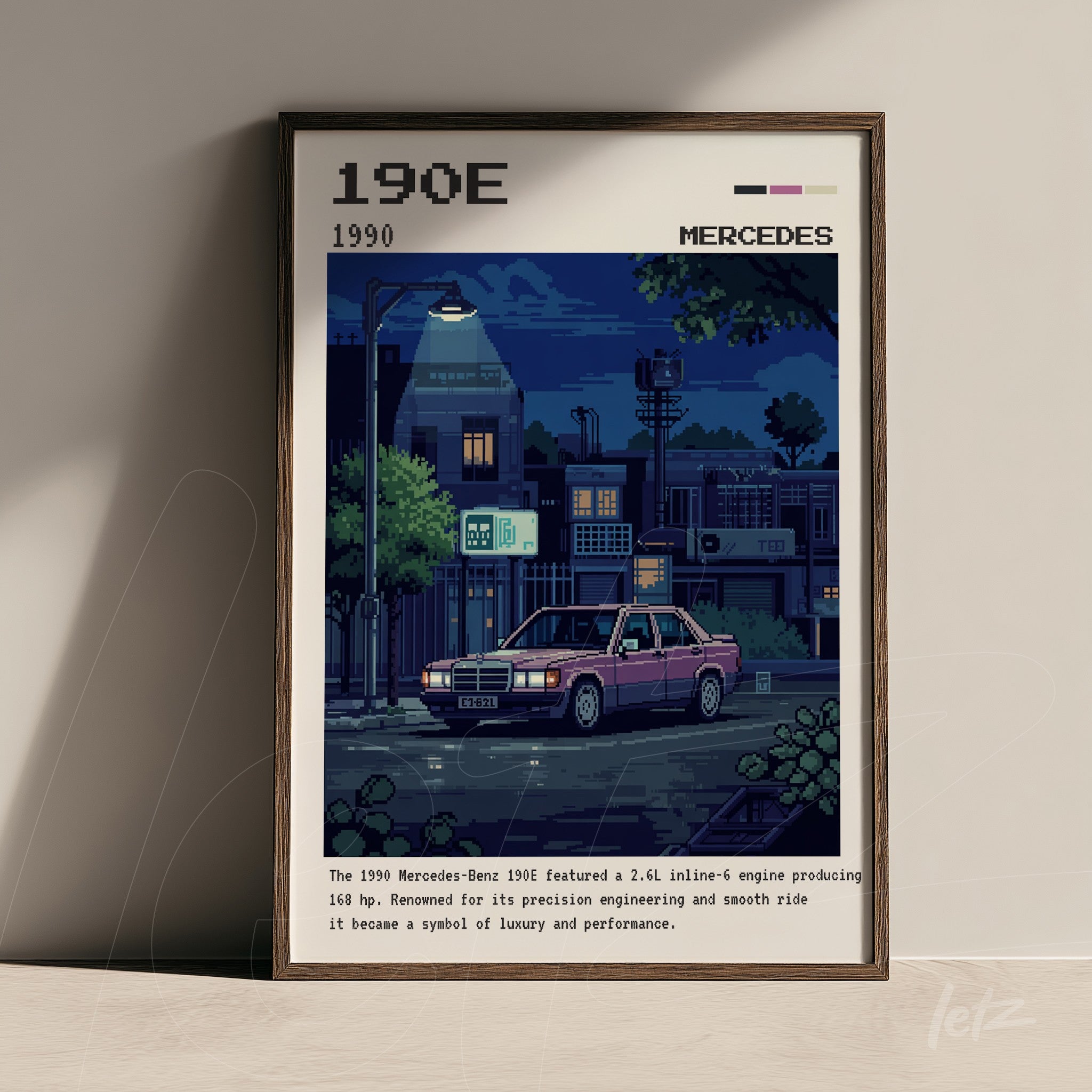 quadro emoldurado com arte pixelada do carro Mercedes-Benz 190E, retratando cenário noturno da cidade com iluminação suave
