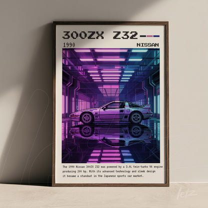 quadro com arte retro do carro Nissan 300ZX Z32 em moldura marrom escura sobre um fundo com iluminação neon
