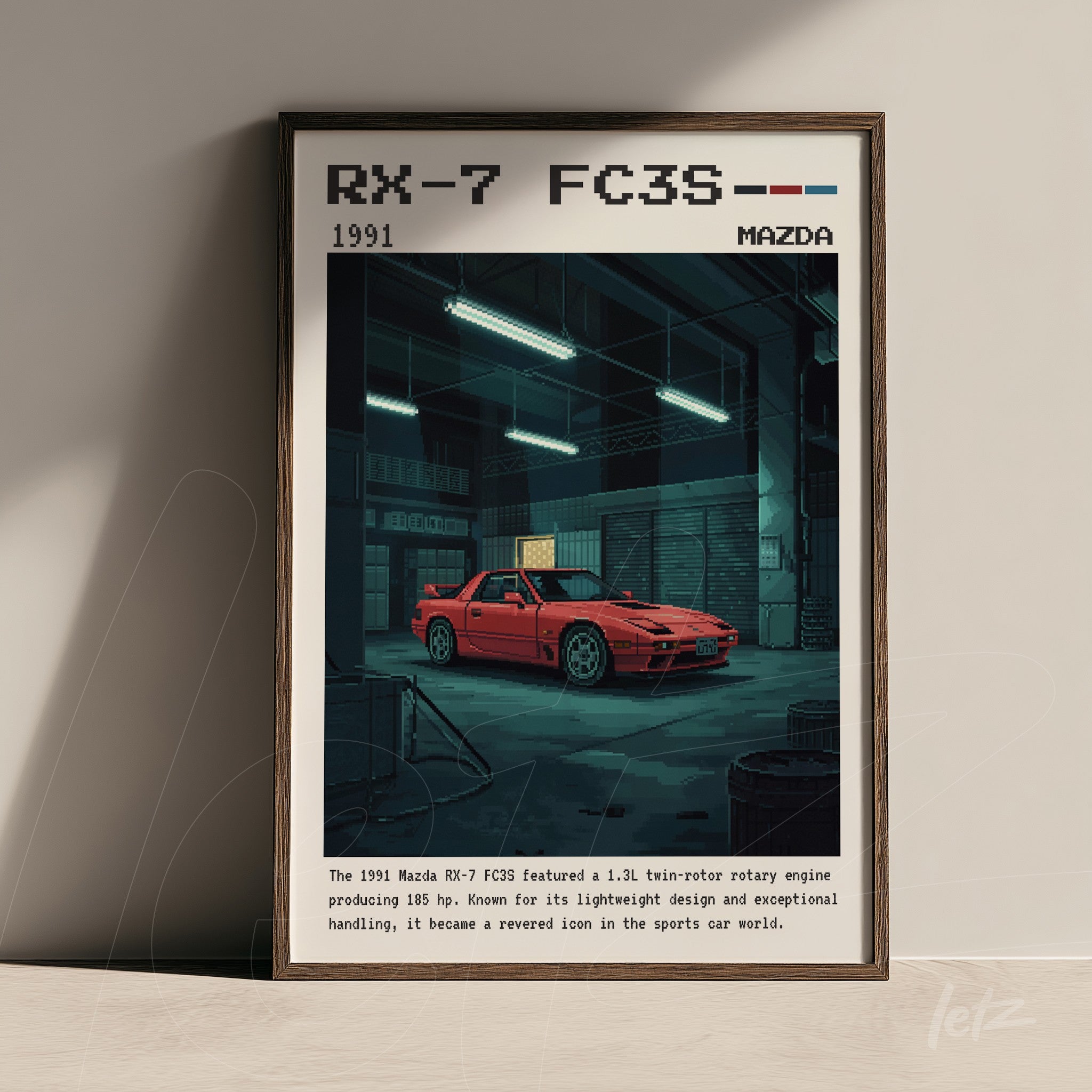 quadro com arte digital de um Mazda RX-7 FC3S vermelho em um ambiente de oficina, com detalhes em pixel art e moldura escura