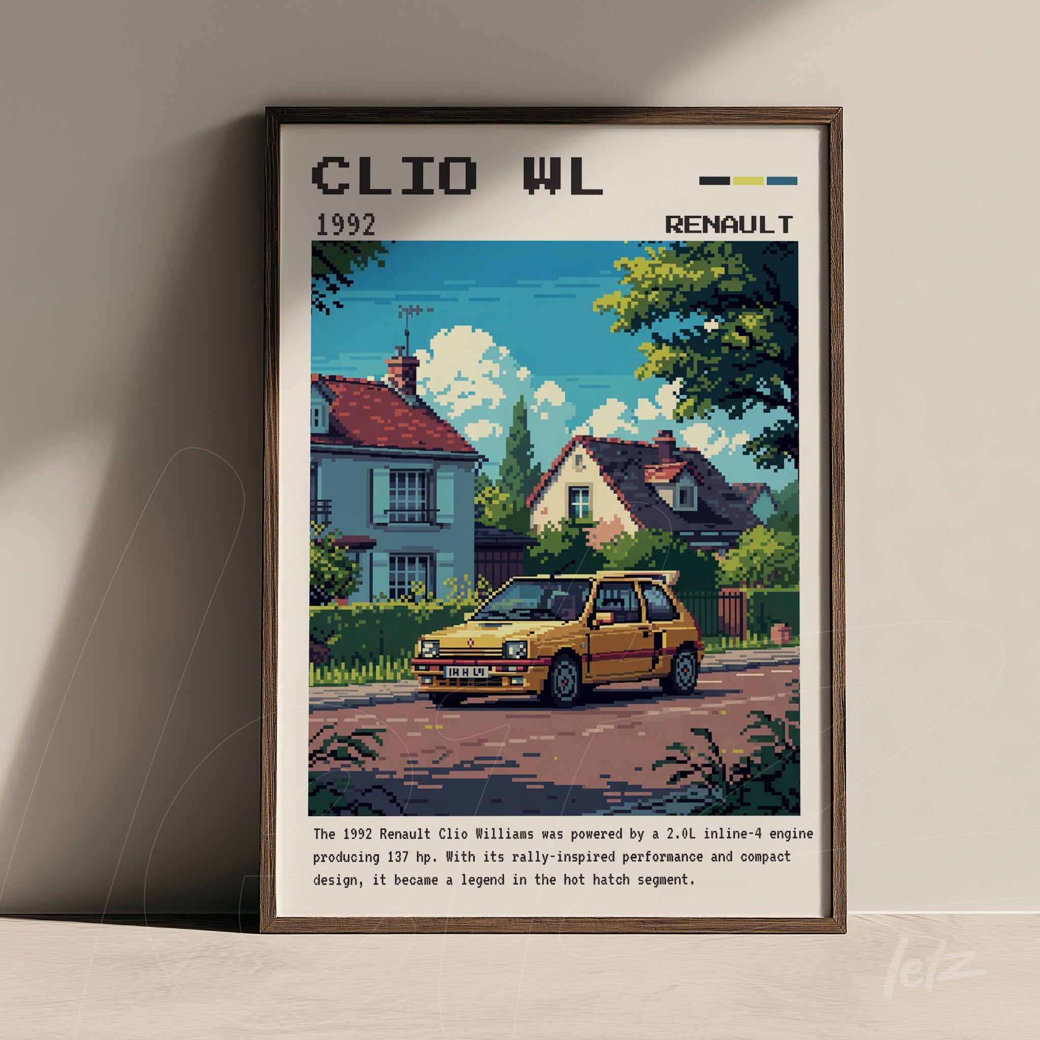 quadro emoldurado com arte digital do Renault Clio Williams de 1992, mostrando o carro amarelo em uma cena de rua tranquila com casas e árvores